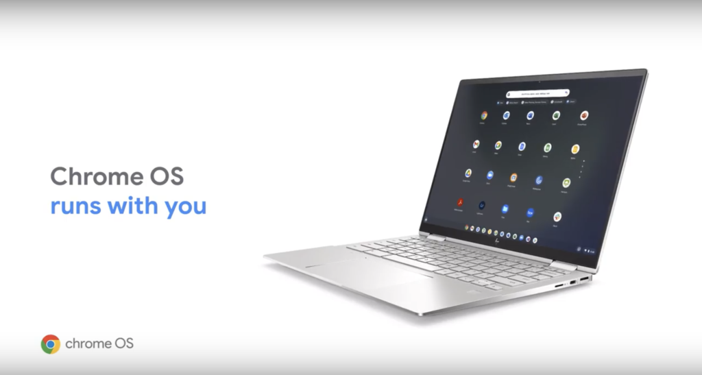 Screen capture from a Chrome OS campaign featuring a Chromebook and the slogan, "Chrome OS runs with you"